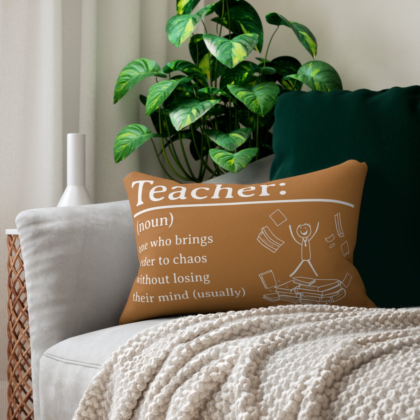Lumbar Pillow (Light Brown) - Funny Quote "Teacher: One who brings order to chaos without losing their mind (usually)"