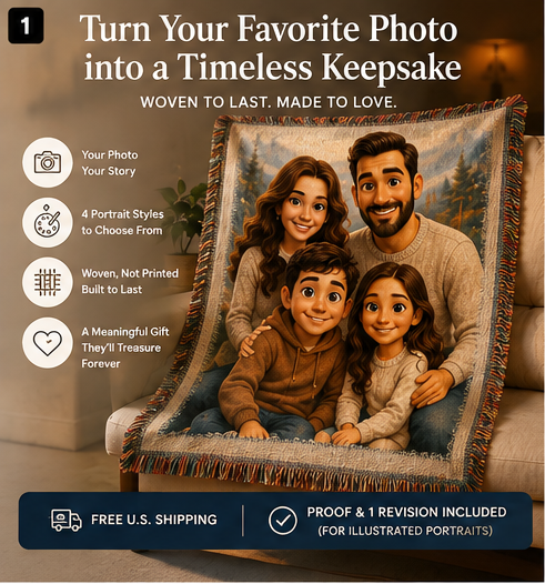 Personalized illustrated family portrait woven blanket gift