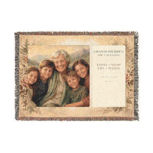 Personalized Grandchildren Photo Woven Blanket | Custom Grandkids Portrait Gift