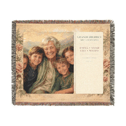 Personalized Grandchildren Photo Woven Blanket | Custom Grandkids Portrait Gift