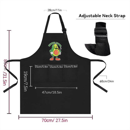 Size guide for the custom logo three-pocket apron, approximately 31.5 by 27.5 inches.