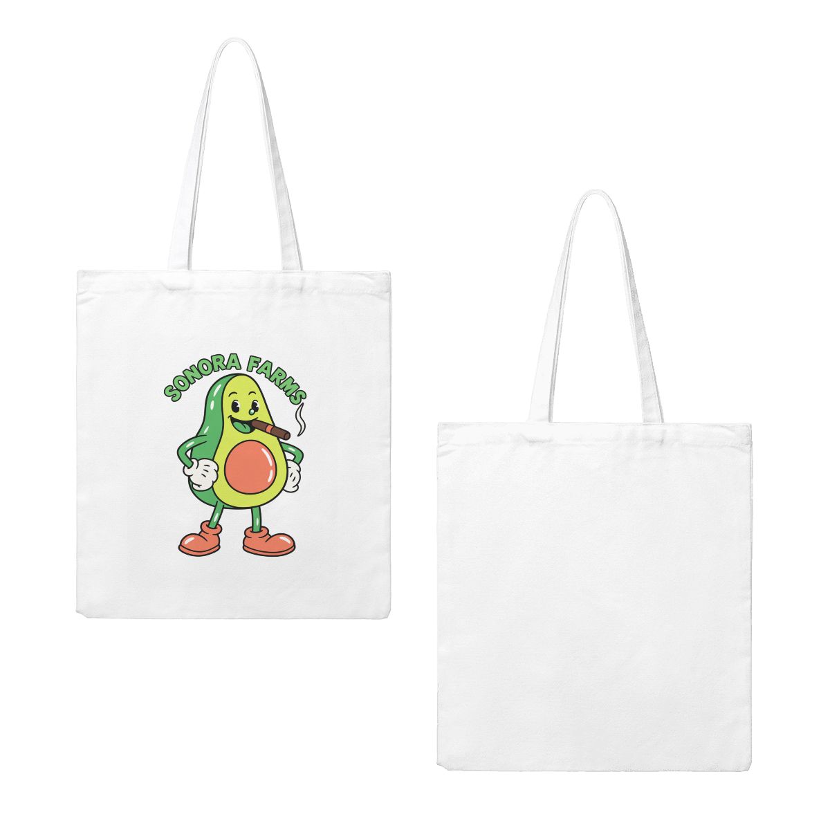 Front and back of the white canvas tote; the sample company logo is printed on one side.
