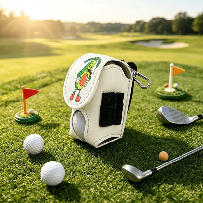 White golf ball pouch with sample Sonora Farms logo and side tee loops