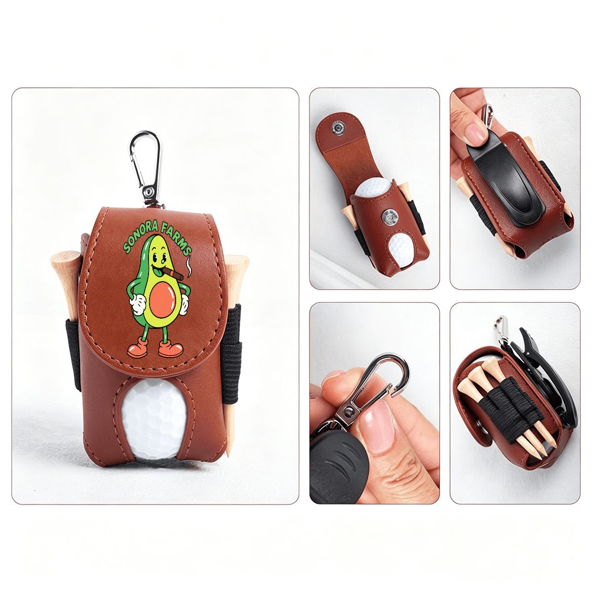 Brown golf ball pouch detail collage showing snap closure, carabiner, back clip and tee loops