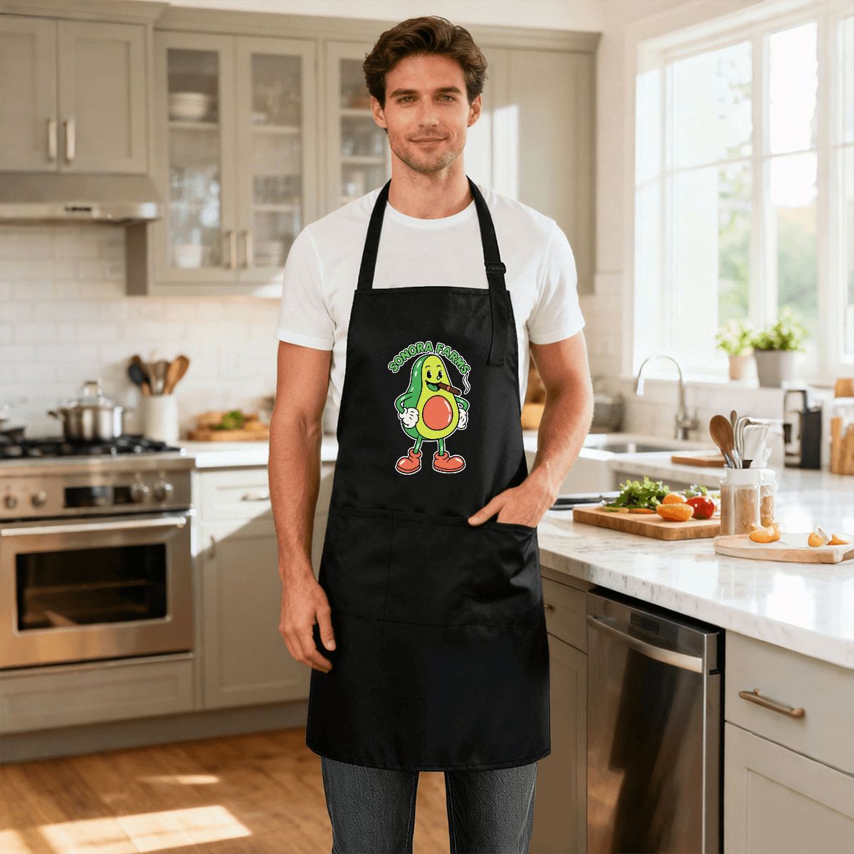 Black three-pocket apron for client and employee gifts, shown with example logo.