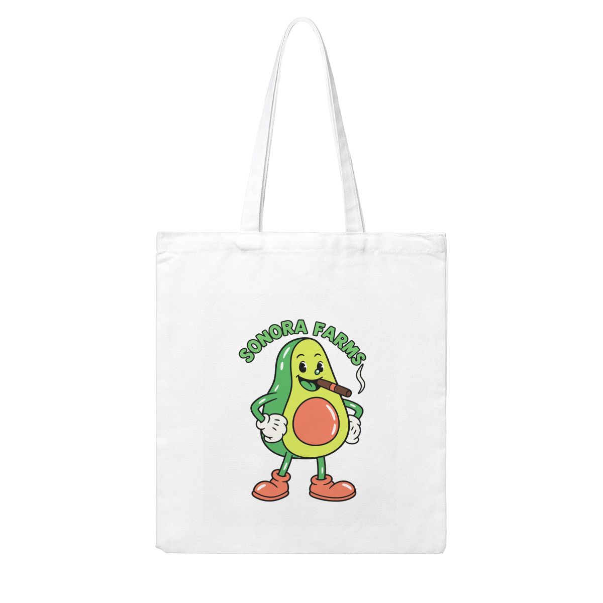 White canvas tote bag with shoulder straps and a sample Sonora Farms logo on the front.