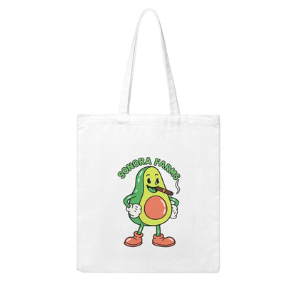 White canvas tote bag with shoulder straps and a sample Sonora Farms logo on the front.
