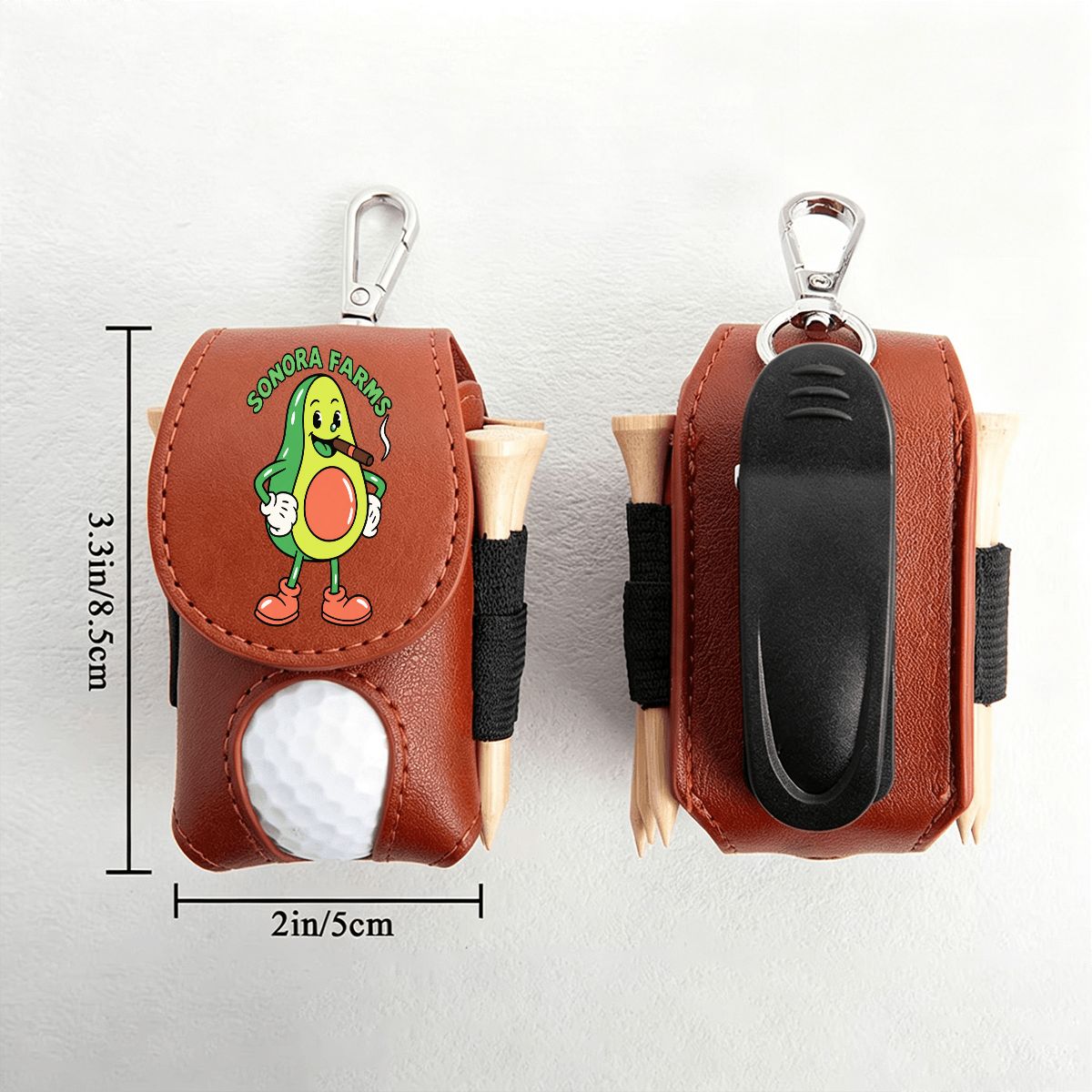 Golf ball pouch dimensions: approximately 2 inches wide by 3.3 inches high