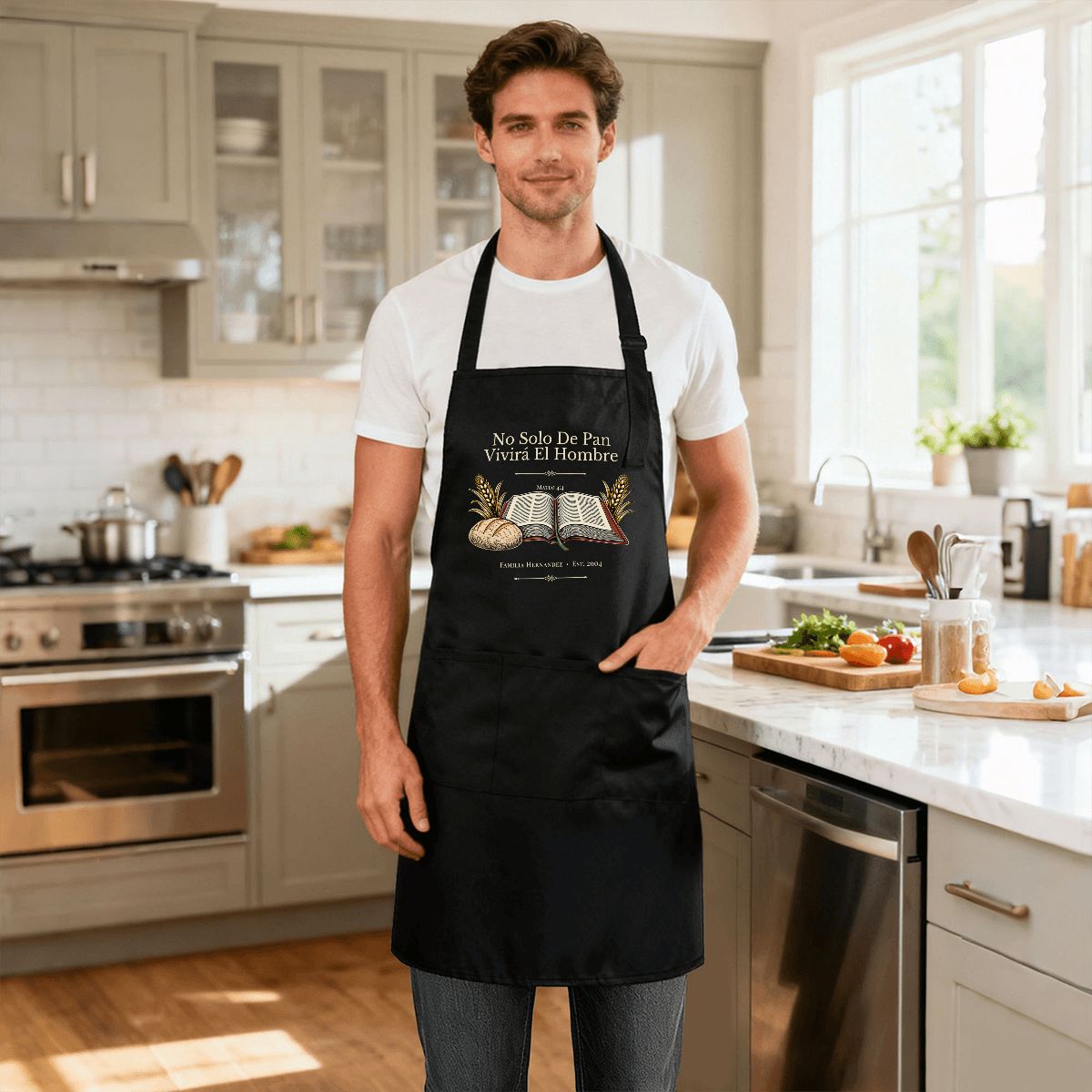 Delantal de cocina No solo de pan vivirá el hombre, Mateo 4:4 en español, imagen 4