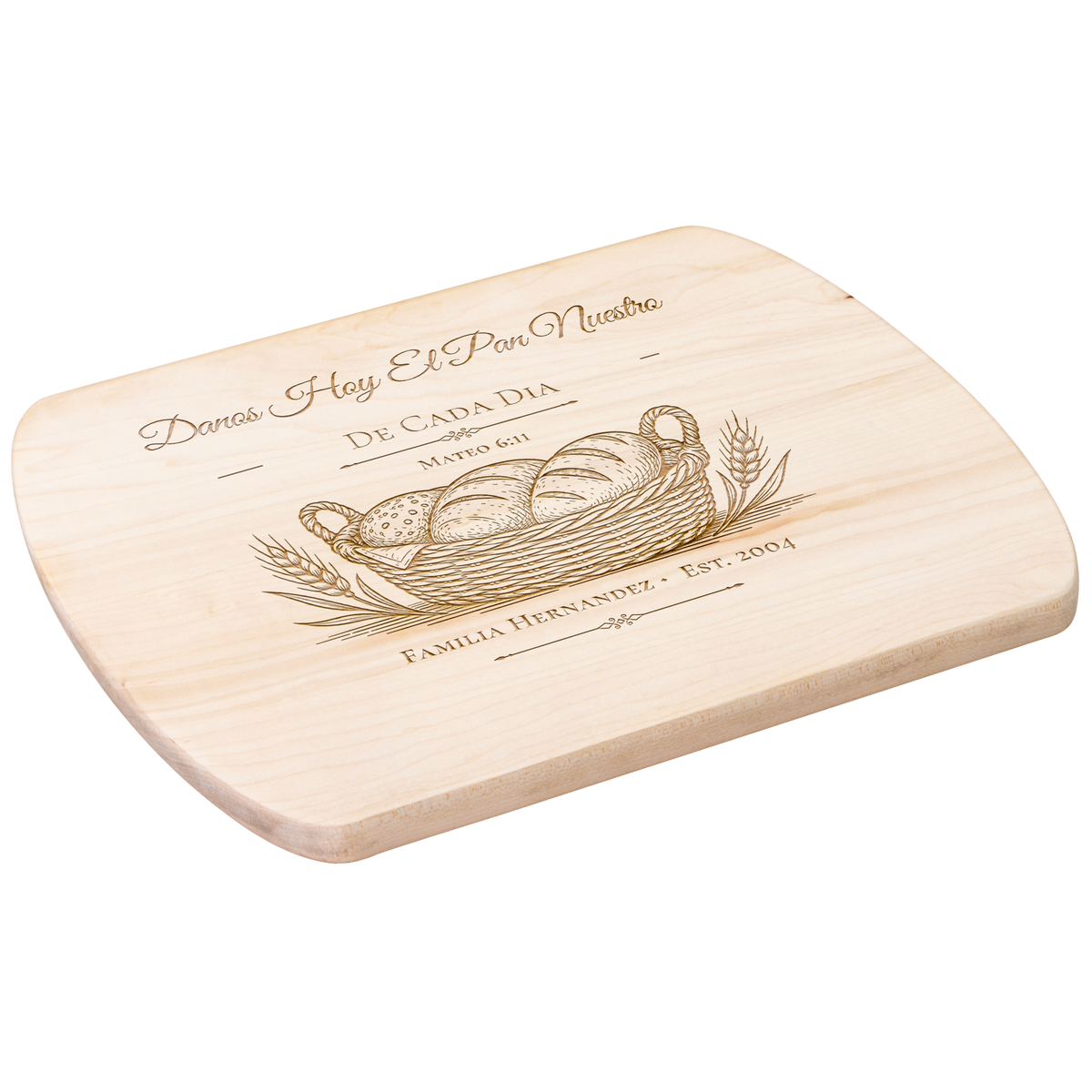 Tabla decorativa de arce Danos hoy nuestro pan de cada día, Mateo 6:11, vista en ángulo