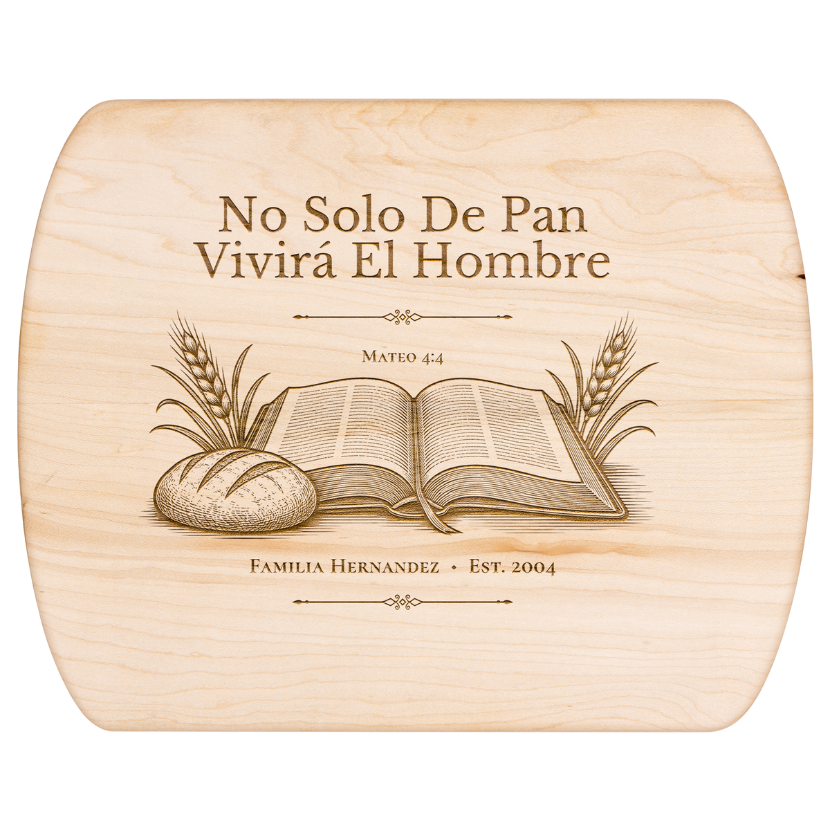 Vista frontal de tabla ovalada personalizada con Biblia, pan y trigo
