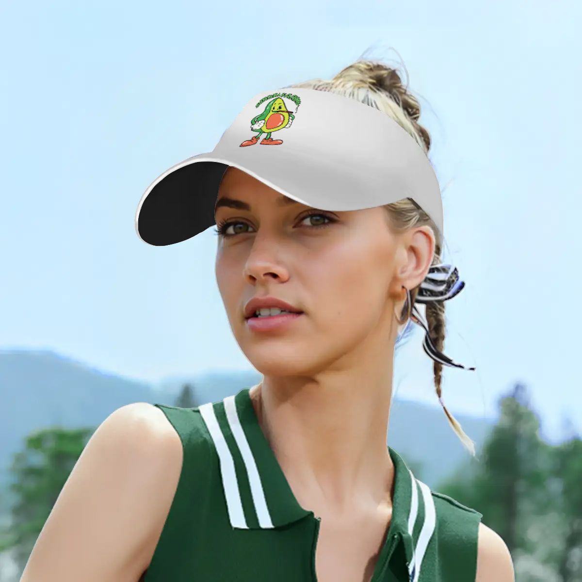 Close-up of white sun visor with example logo worn outdoors