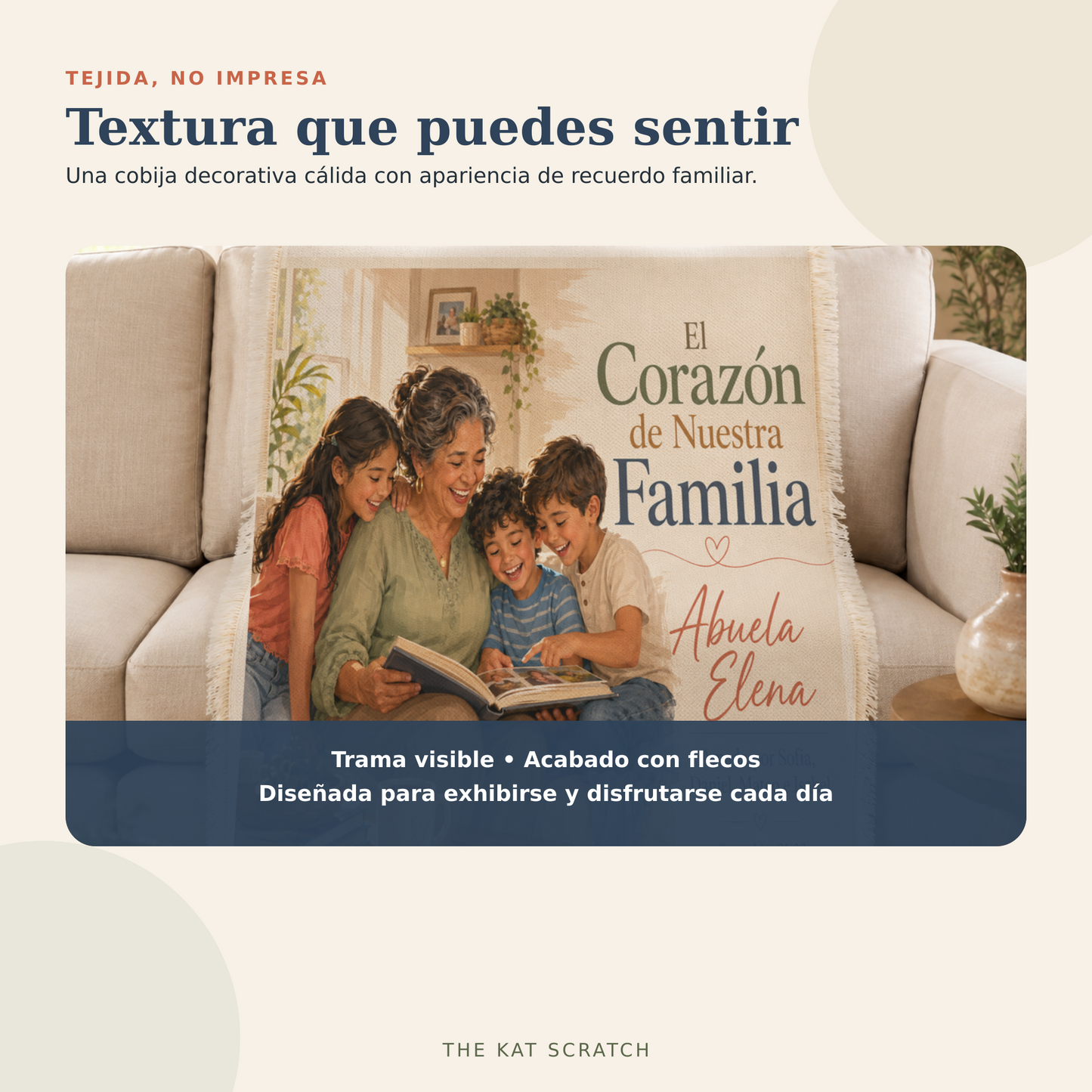 Detalle del tejido y flecos de la cobija familiar personalizada