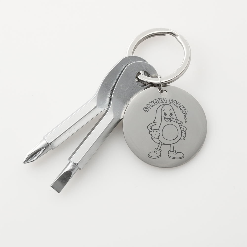 Silver screwdriver keychain with example Sonora Farms logo, flathead and Phillips tools