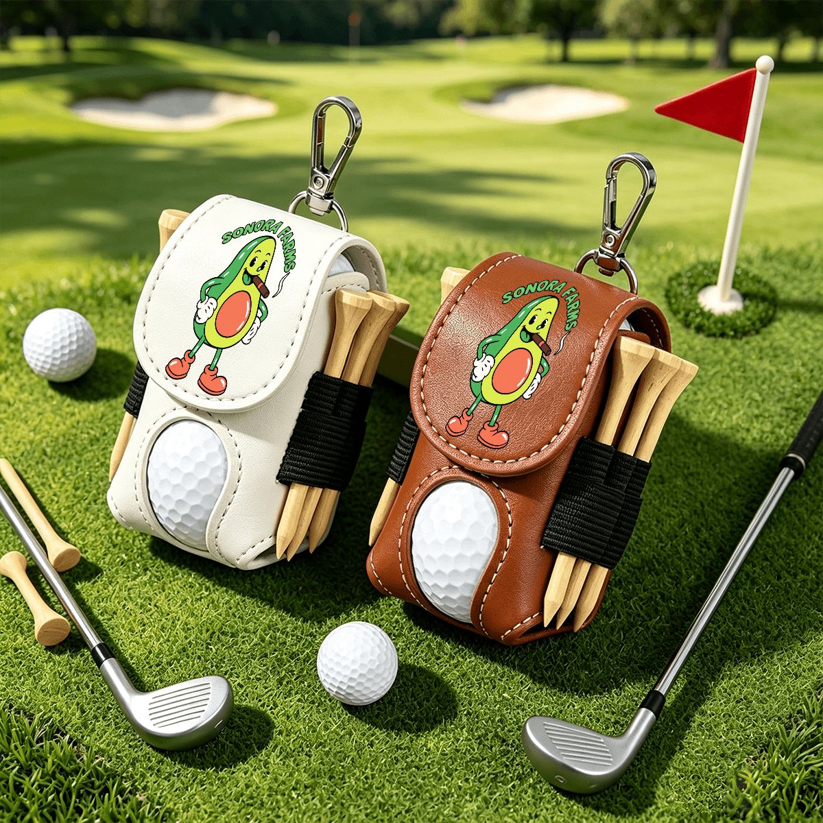 White and brown golf ball pouches with sample Sonora Farms logos on a golf course
