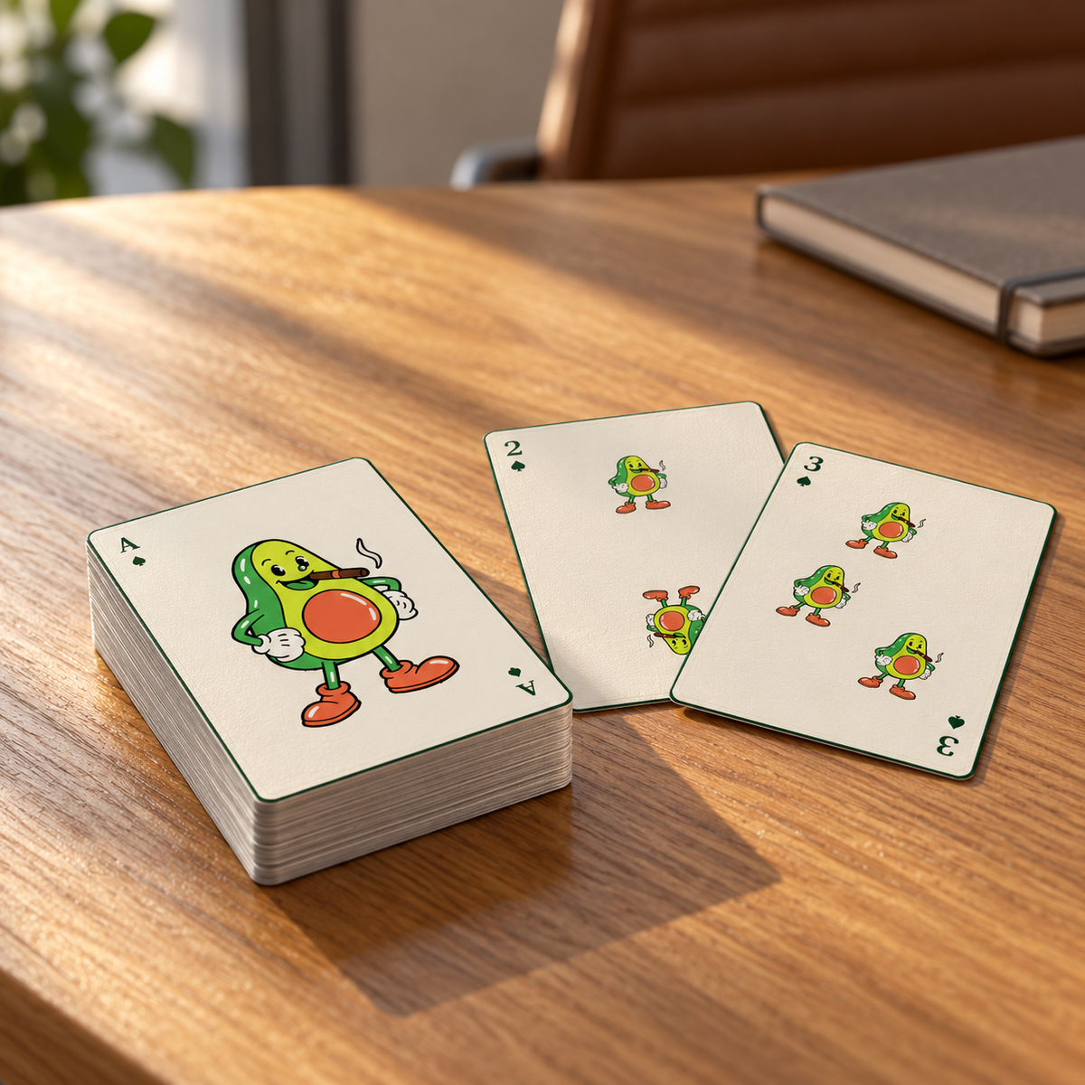Custom company playing card deck on an oak meeting table, shown as a corporate gifting example