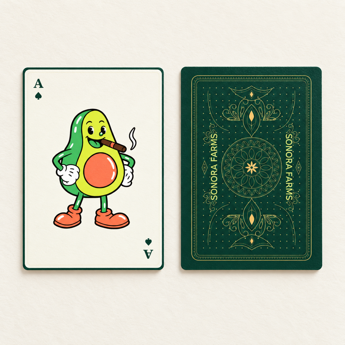 Custom logo playing cards showing the personalized ace and company name on the forest green back