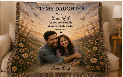 Personalized Daughter woven blanket with family photo, Bible verse and custom message
