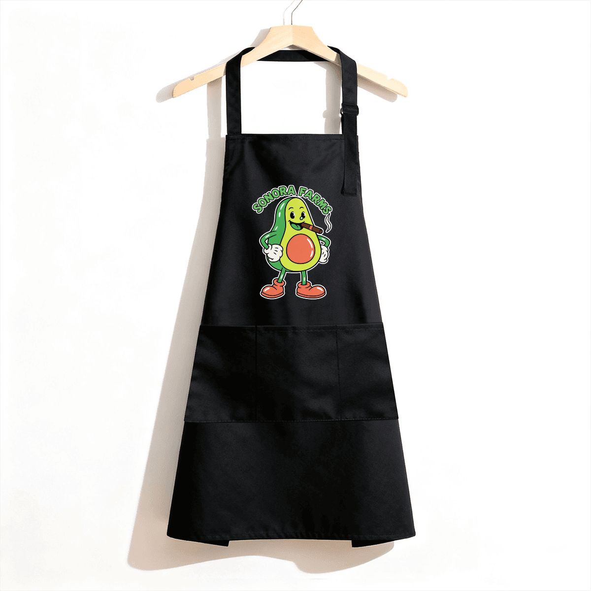 Black three-pocket kitchen apron with example logo artwork; personalized with your company logo.