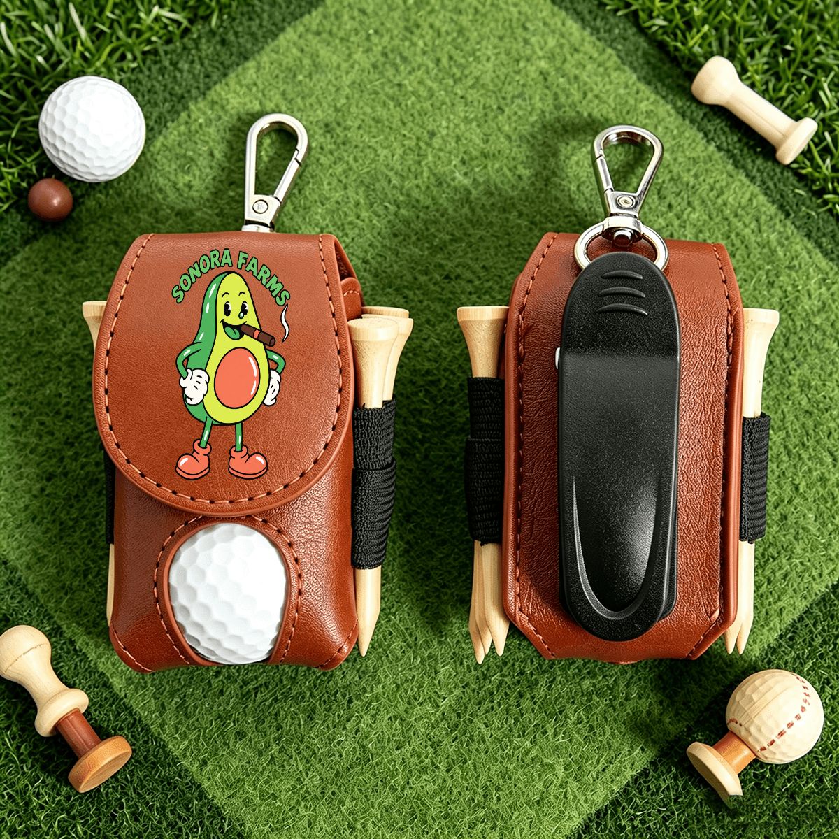 Front and back of brown golf ball pouch showing sample logo, carabiner and belt clip