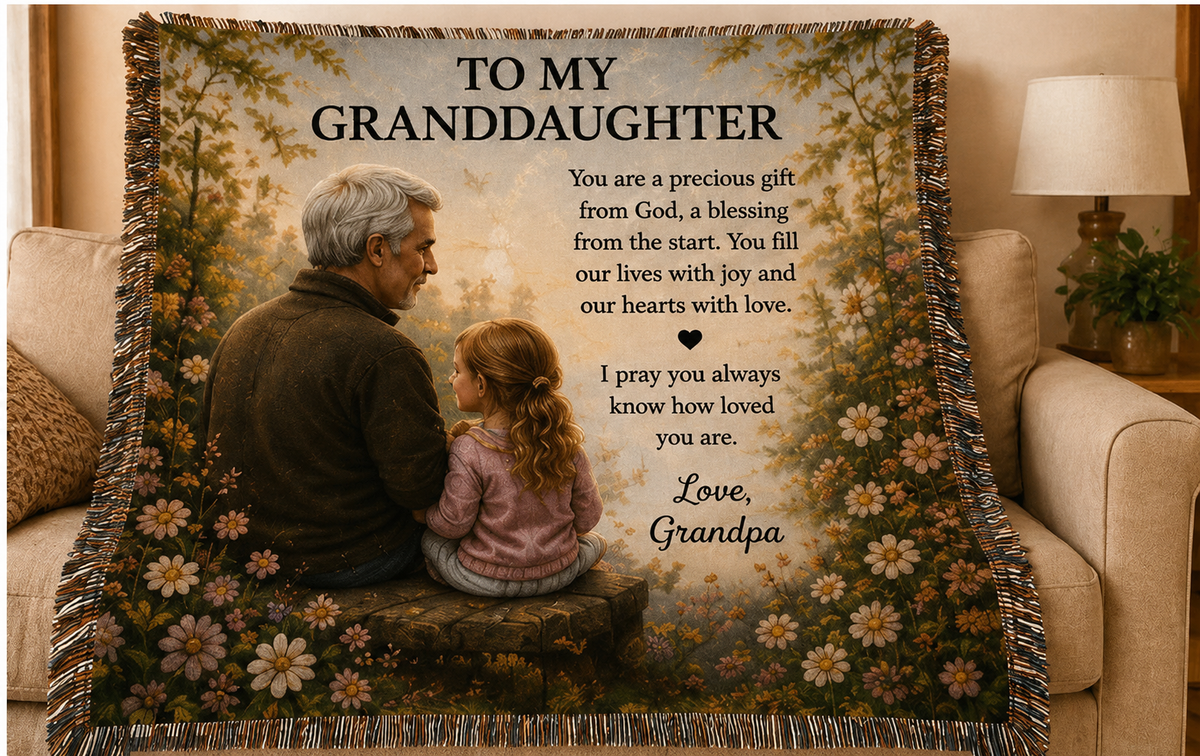 Personalized Granddaughter woven blanket with family photo, faith message and custom dedication