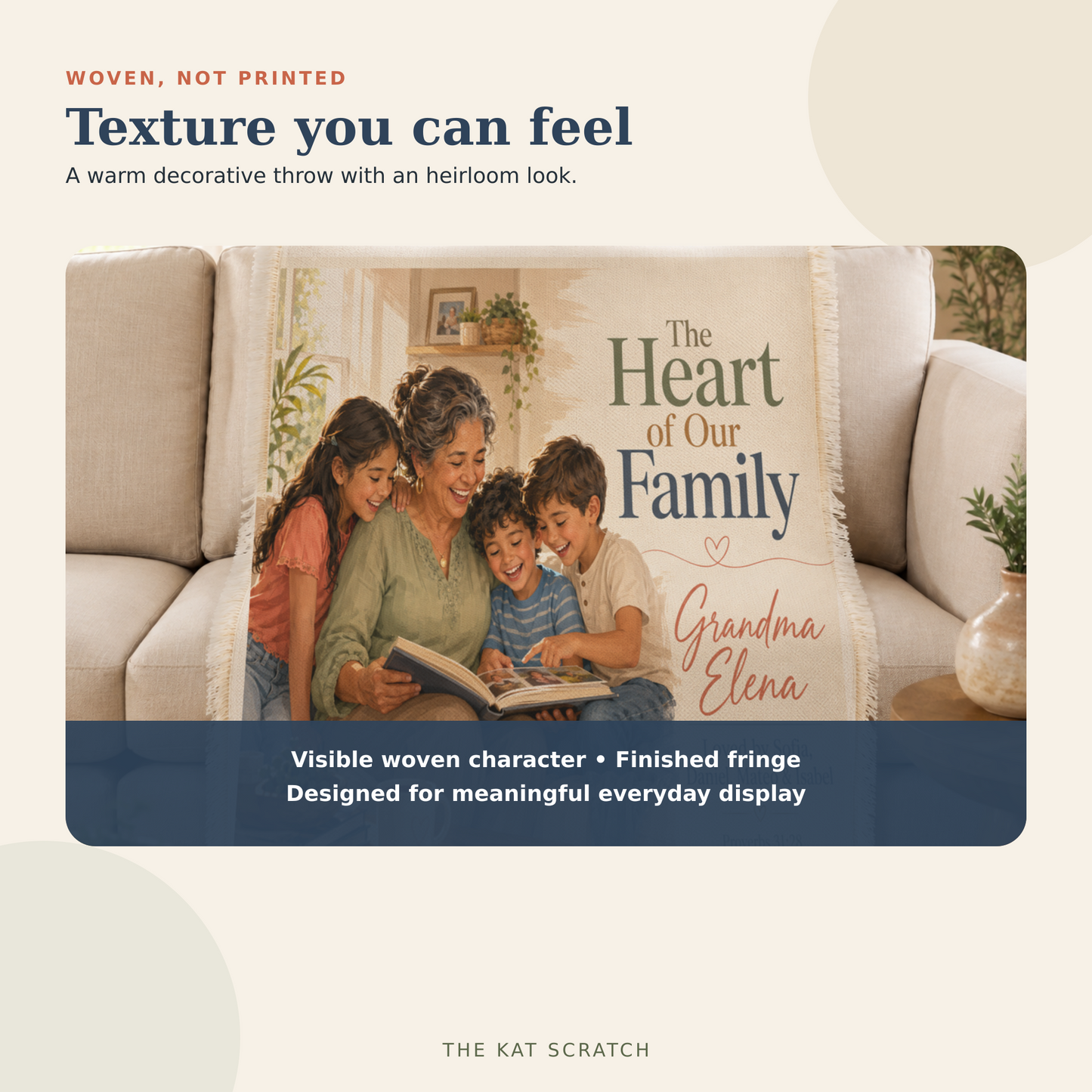 Woven texture and fringe detail of the personalized family blanket
