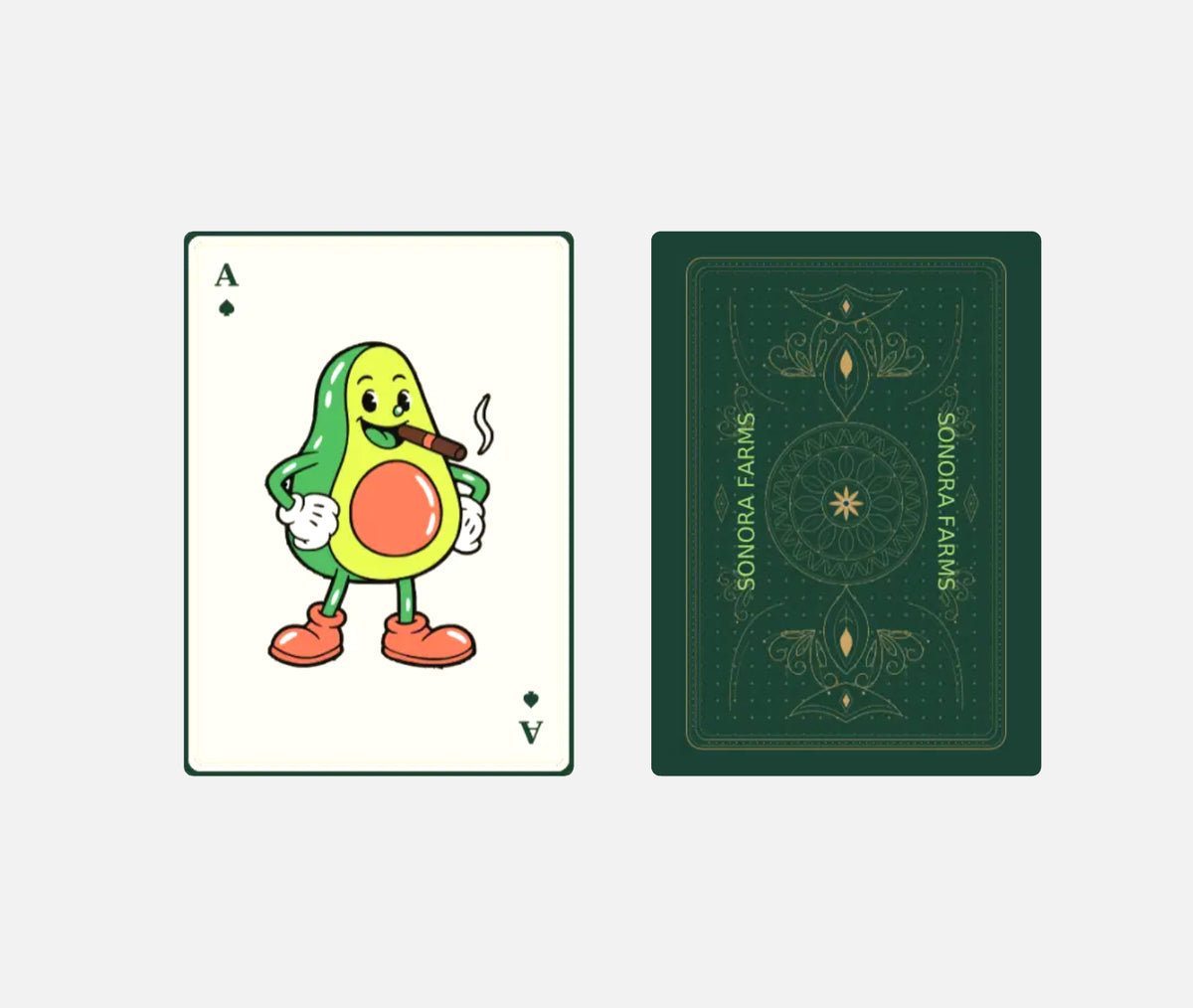 Custom logo ace of spades and forest green Sonora Farms card back with personalized company name