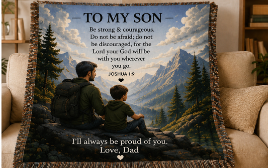 Personalized Son woven blanket with family photo, Bible verse and custom message