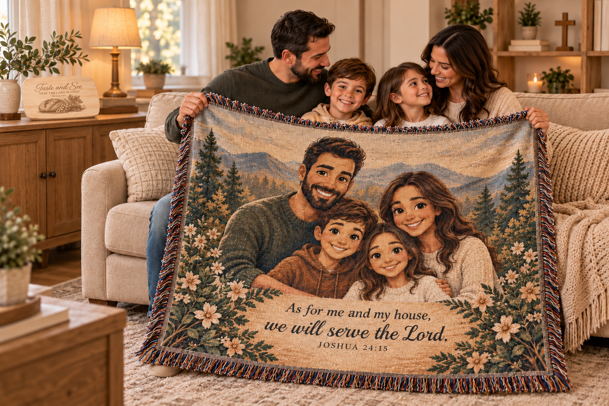 Family holding a personalized woven blanket with an illustrated portrait and Joshua 24:15, beside a Taste and See maple board. Lifestyle mockup.